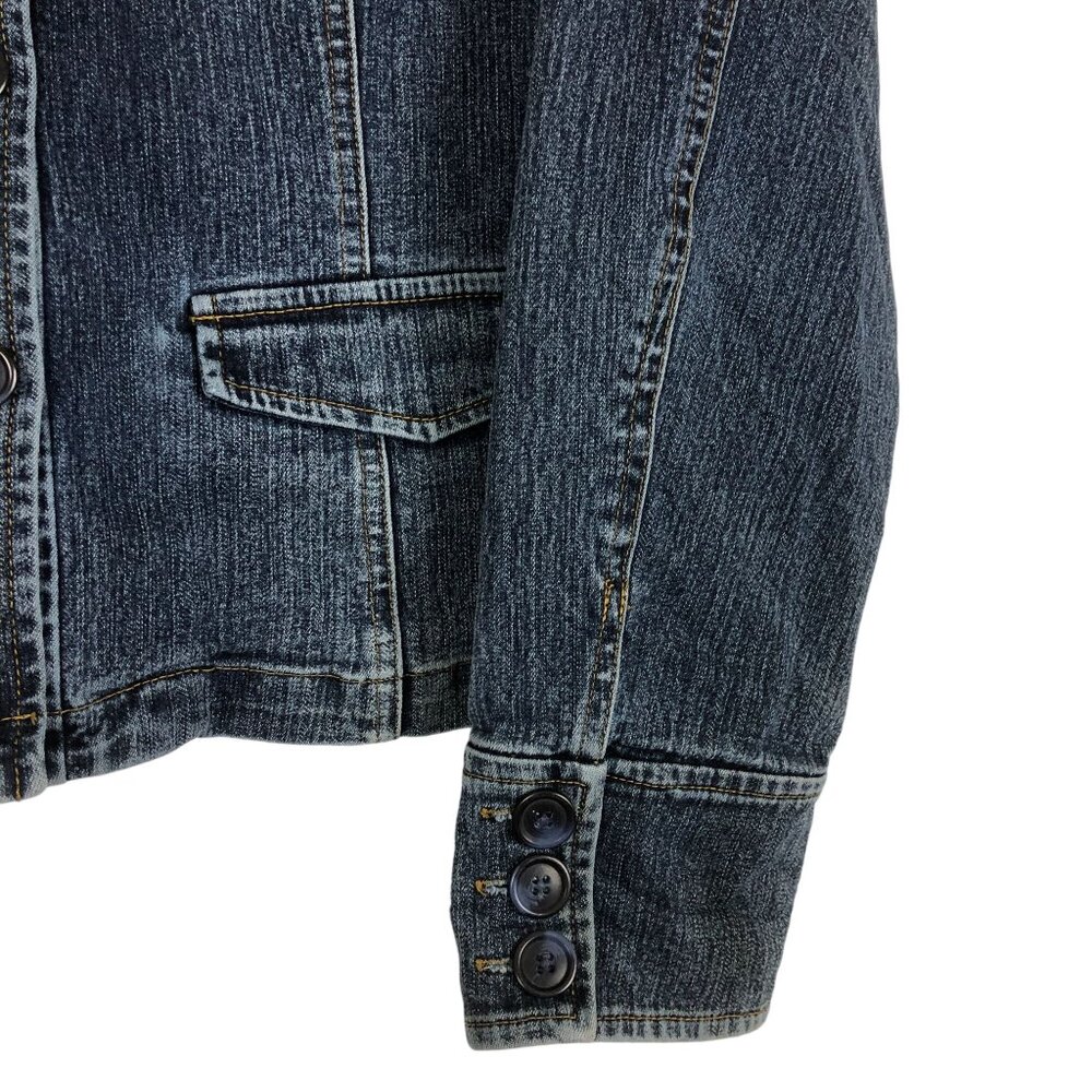 Mossimo Denim Cropped Jacket Sz Medium Mandarin Collar Button-Up Stretch Cotton - Picture 6 of 8
